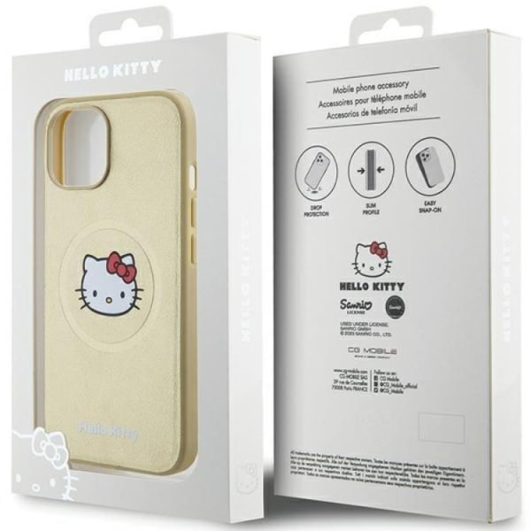 Hello Kitty iPhone 15 Mobiltaske Magsafe Læder Kitty Head - Guld