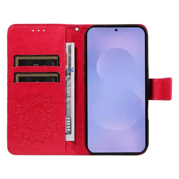 Samsung Galaxy S26 Plus Plånboksfodral Konstläder Solrosmönster - Röd