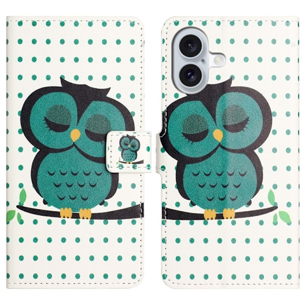 iPhone 17 Konstläder Plånboksfodral Pattern Print - Prickar Uggla Grön