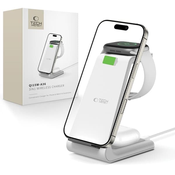 Tech-Protect 3-i-1 trådløs oplader til iPhone Apple Watch AirPods - hvid Vit