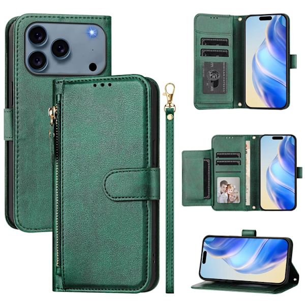 iPhone 17 Pro Plånboksfodral Zipper Pocket Läder - Grön Grön