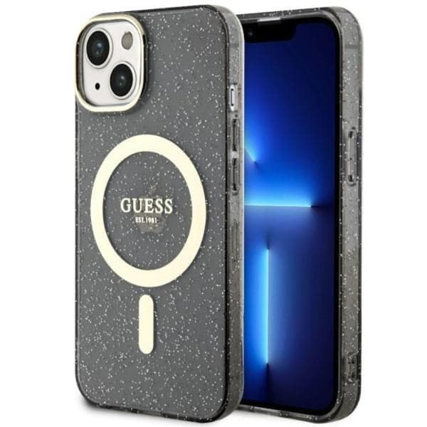 Guess iPhone 14 Mobilskal MagSafe Glitter Guld - Sort Black