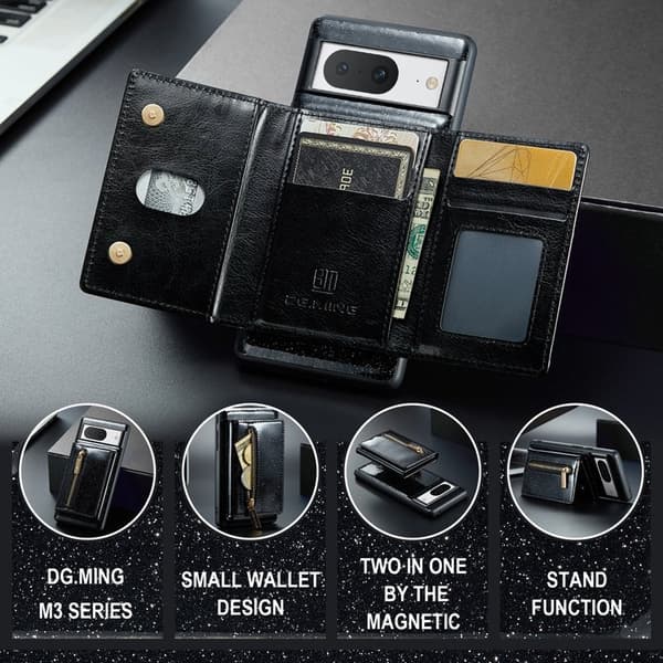 DG.MING M3 Series Plånboksfodral för Google Pixel 8 Svart Glitter Konstläder