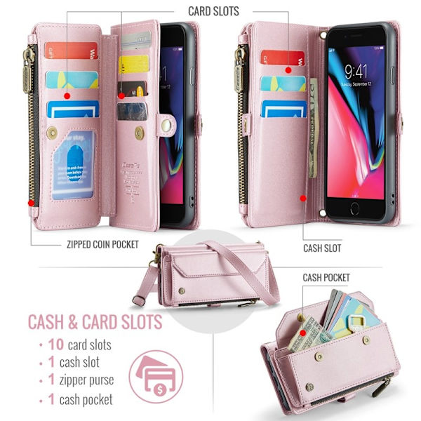 CASEME Plånboksfodral Konstläder för iPhone 6 Plus/7 Plus/8 Plus - Rosa