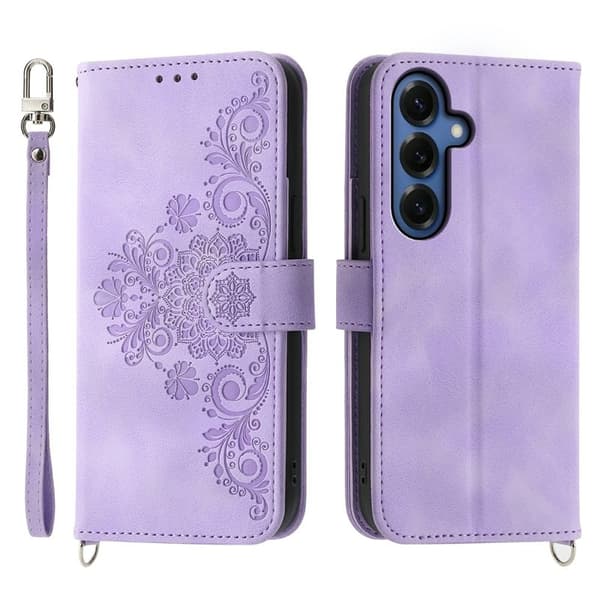 Samsung Galaxy S26 Plus Plånboksfodral Konstläder Blommönster - Lila