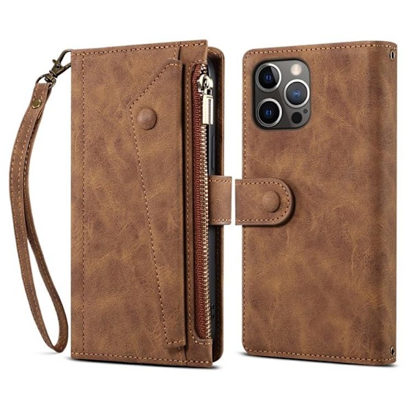 iPhone 14 Pro Max Plånboksfodral Flap Zipper Strap - Brun Brun
