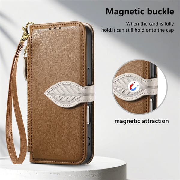 iPhone 17 Pro Plånboksfodral Leaf Magnetiskt Spänne Konstläder - Brun Brun