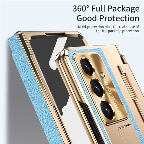 Mobilskal till Galaxy Z Fold7 5G läder + PC Kickstand - Guld+Blå Guld