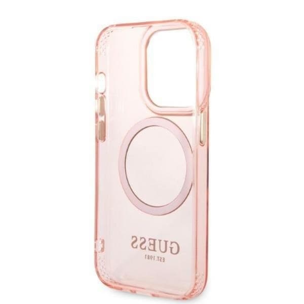 GUESS iPhone 14 Pro Skal MagSafe Gold Outline Translucent - Rosa Rosa