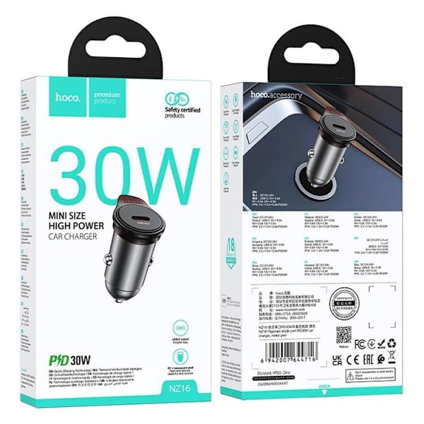 HOCO Billaddare 2x USB-C 45W USB-C/Lightning Kabel PD QC Grå