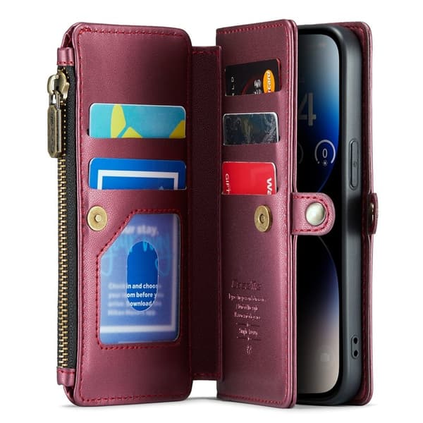 CASEME Plånboksfodral Konstläder till iPhone 14 Pro - Vinröd