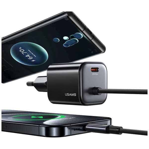 USAMS Hurtigoplader 20W 2xUSB-C GaN Mini JC - Sort Svart