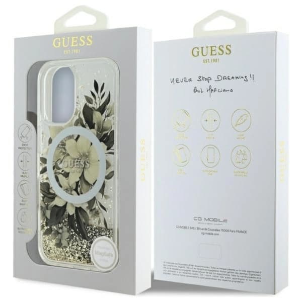 Guess telefontaske til iPhone 16 MagSafe Liquid Glitter Flower Beige