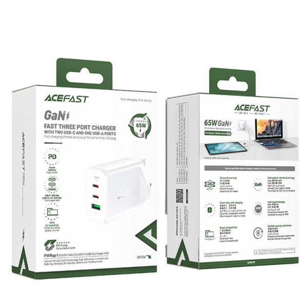 Acefast UK Vægoplader 65W 1xUSB Til 2xUSB-C - Hvid