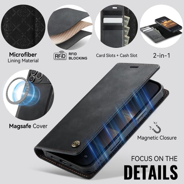 CASEME C49 Mobilskal till iPhone 17 Pro MagSafe RFID Blocker Läder Svart