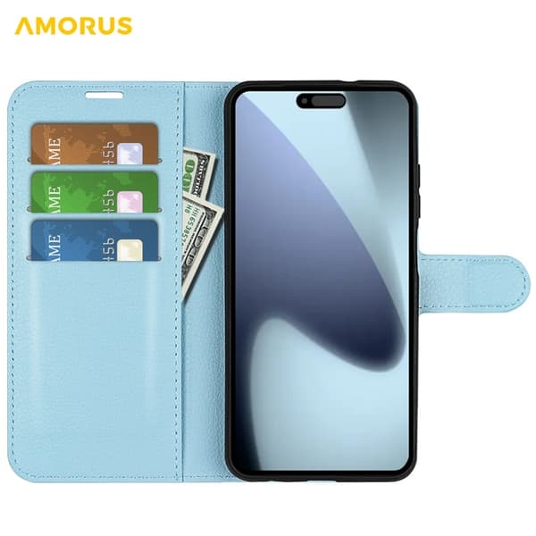 AMORUS iPhone 17 Konstläder Plånboksfodral Flipstativ Litchi - Blå Blå