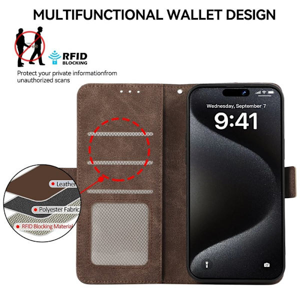 ABEEL iPhone 16 Plånboksfodral Konstläder RFID-Skydd Kortfickor - Brun