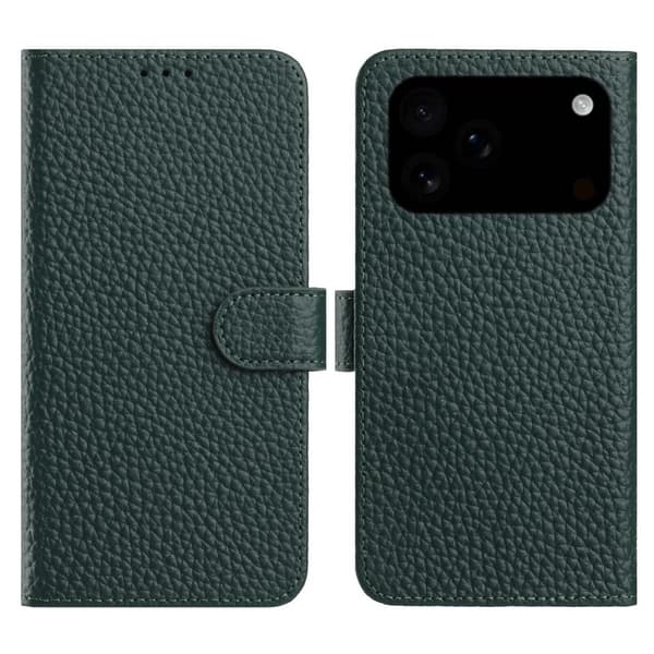 iPhone 17 Pro Plånboksfodral Äkta Läder Litchi Flip - Grön Grön