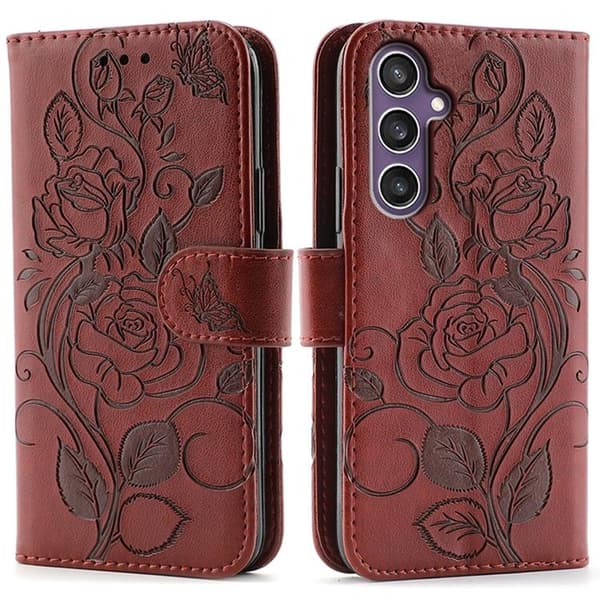 Galaxy S26 Plus Konstläder Plånboksfodral Imprinted Rosa Butterfly - Brun Brun