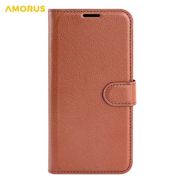 AMORUS iPhone 17 Konstläder Plånboksfodral Flipstativ Litchi - Brun Brun