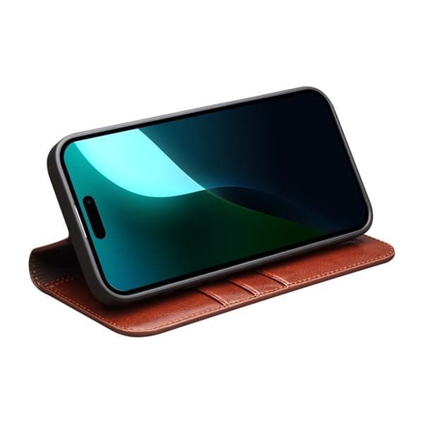 QIALINO iPhone 16 Plånboksfodral Äkta Läder Korthållare Brun
