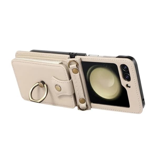 Galaxy Z Flip7 Plånboksfodral Ring Kickstand med Lång rem - Beige Beige