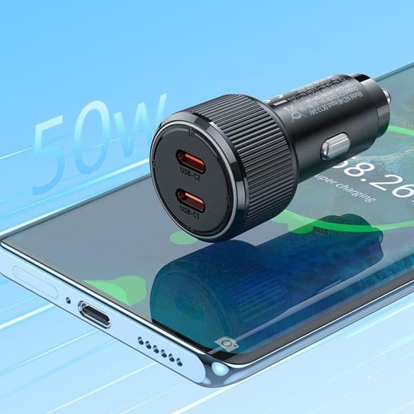 Hoco Biloplader 2xUSB-C 50W NZ14B - Sort Black