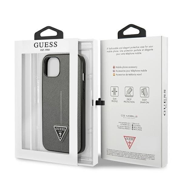 GUESS iPhone 14 Plus -kotelo Saffiano Triangle Logo - hopea Silver