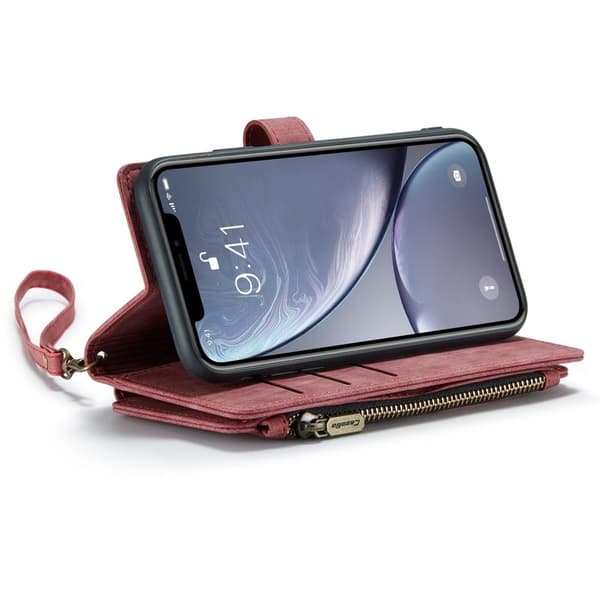 CASEME Konstläder Plånboksfodral för iPhone XR med Rem och Kortfack - Röd