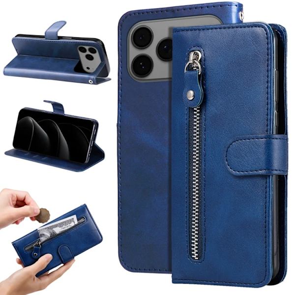 iPhone 17 Pro Max Konstläder Plånboksfodral Zipper - Blå Blå