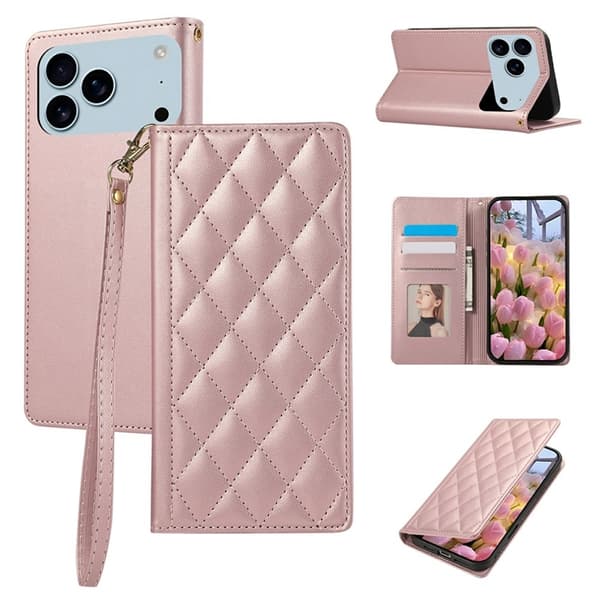 iPhone 17 Pro Plånboksfodral RFID Rhombus Läder - Roséguld Roséguld
