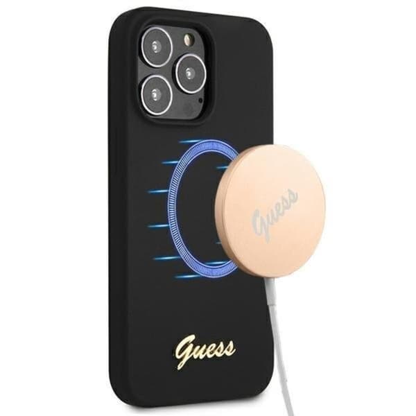 Guess iPhone 13 Pro Max Skal Magsafe Silicone Script Guld Logo - Black