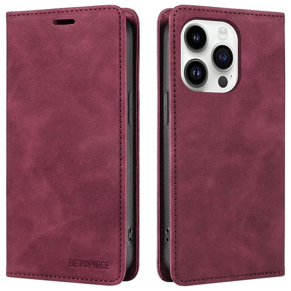 BETOPNICE 003 iPhone 15 Pro Max Plånboksfodral TPU + Konstläder - Röd
