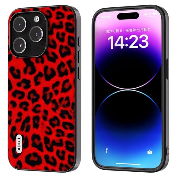 ABEEL Mobilskal till iPhone 14 Pro Max Leopard Textur Röd PU Läder TPU
