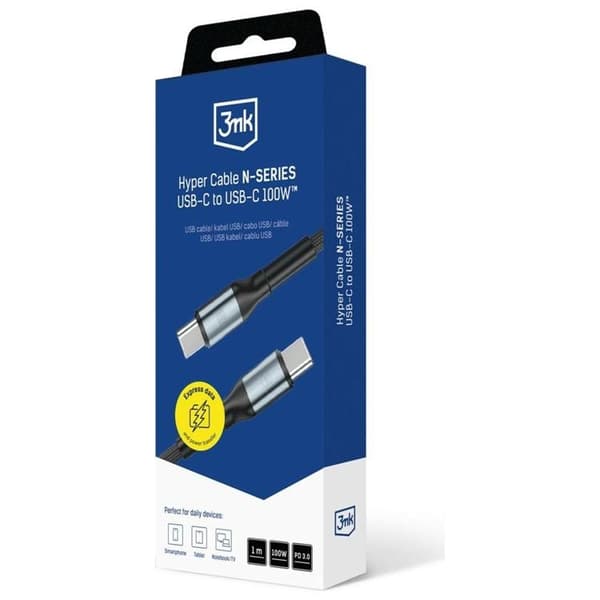 3MK USB-C til USB-C 100W Kabel 20V/5A 1m N-SERIE Hyper - Sort Svart