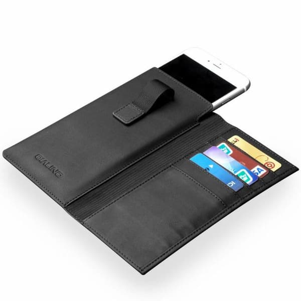 Qialino Universal Pouch Wallet i ægte læder - Sort (L) Black