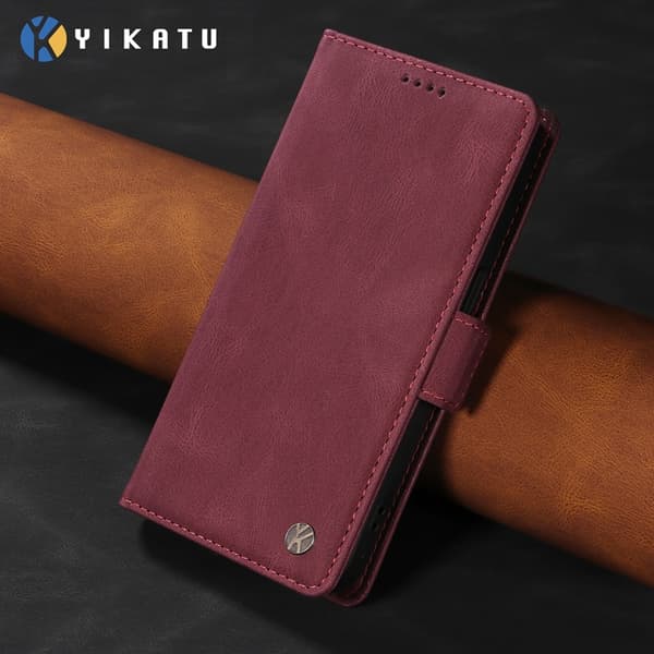 YIKATU OnePlus 15 Konstläder Plånboksfodral Skin-touch Feeling Vinröd