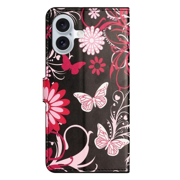 iPhone 17 Konstläder Plånboksfodral Pattern Print - Svart Fjäril Svart