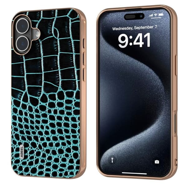 ABEEL Mobilskal till iPhone 16 Plus Electroplating Äkta Läder Grön