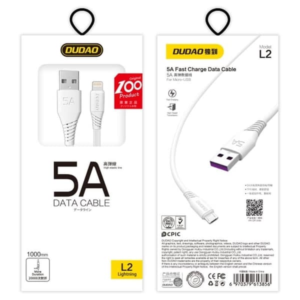 Dudao snabbaddning USB-A till Lightning kabel 5A 1m White