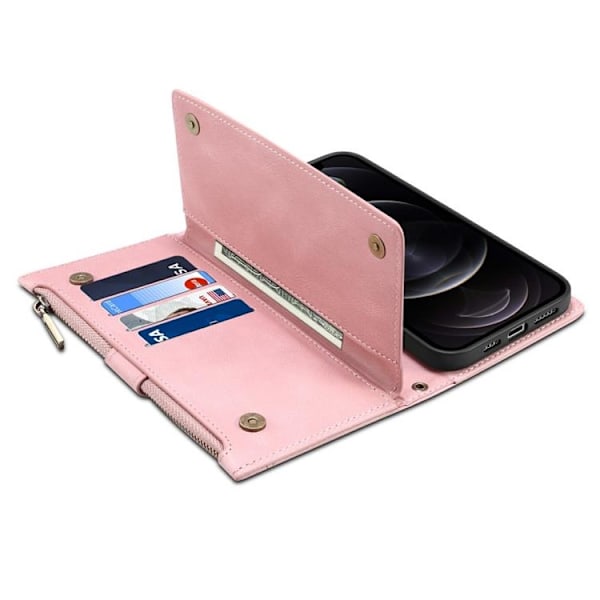 iPhone 14 Pro Max Plånboksfodral Flap Zipper Strap - Rosa