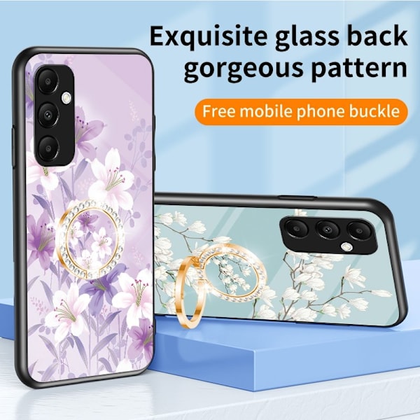 Samsung Galaxy A35 5G Skal Härdat Glas Ring Ställ - Vit Blomma