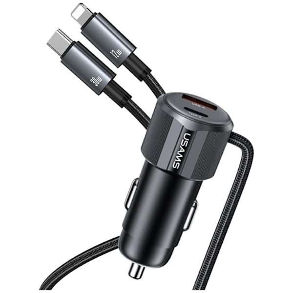 USAMS Billaddare 66W 1xUSB-A 1xUSB-C Med USB-C/Lightning Kabel Svart