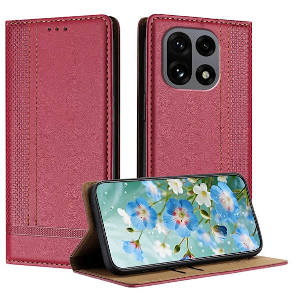 OnePlus 15 Plånboksfodral L-Shaped Grid Pattern Konstläder Röd