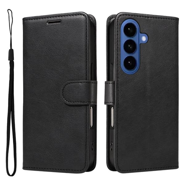 Samsung Galaxy S26 Plus Plånboksfodral Konstläder Med Rem - Svart