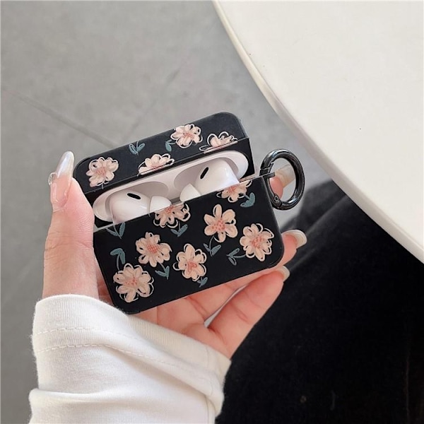 Airpods Pro 2 Skal TPU Läder Floral - Svart/Rosa Svart
