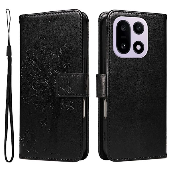 OnePlus 15 5G Plånboksfodral Cat Tree Pattern Konstläder Svart