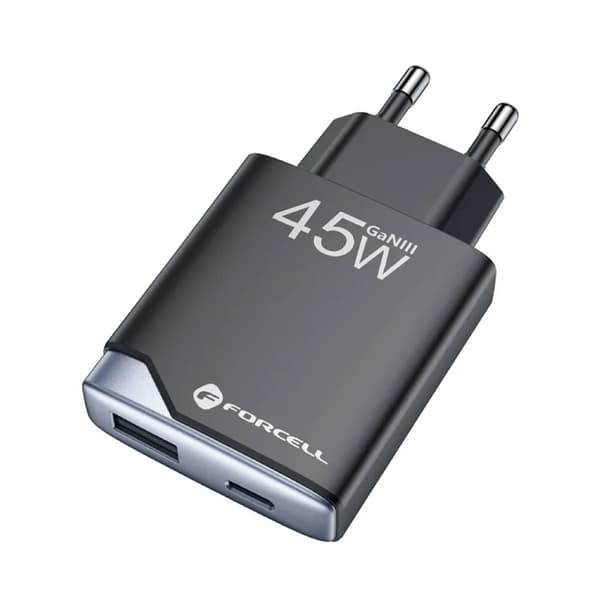 Forcell Hurtigoplader USB C til USB A 45W GaN III PD 3A - Sort Svart