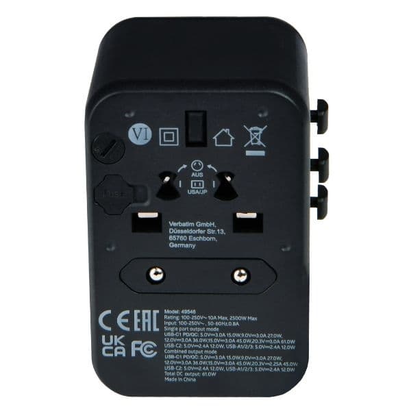 Verbatim Rejselader 61W PD 2xUSB-C 3xUSB-A EU/UK/USA - Sort Svart