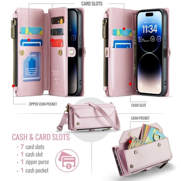 CASEME Plånboksfodral Konstläder för iPhone 14 Pro med kortfack - Rosa